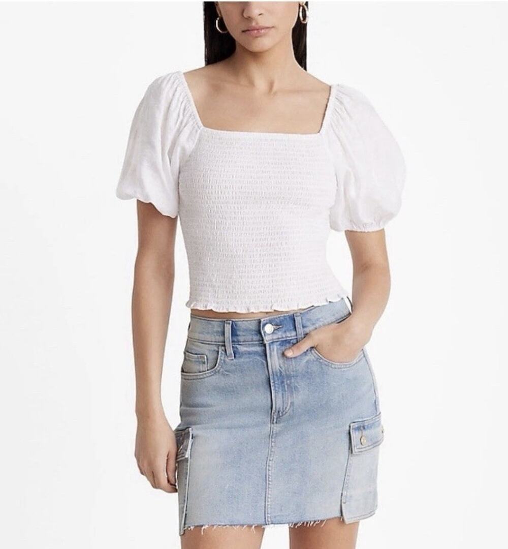 NWT Express Square Neck Puff Short Sleeve Smocked Top Shirt Blouse White Crop M